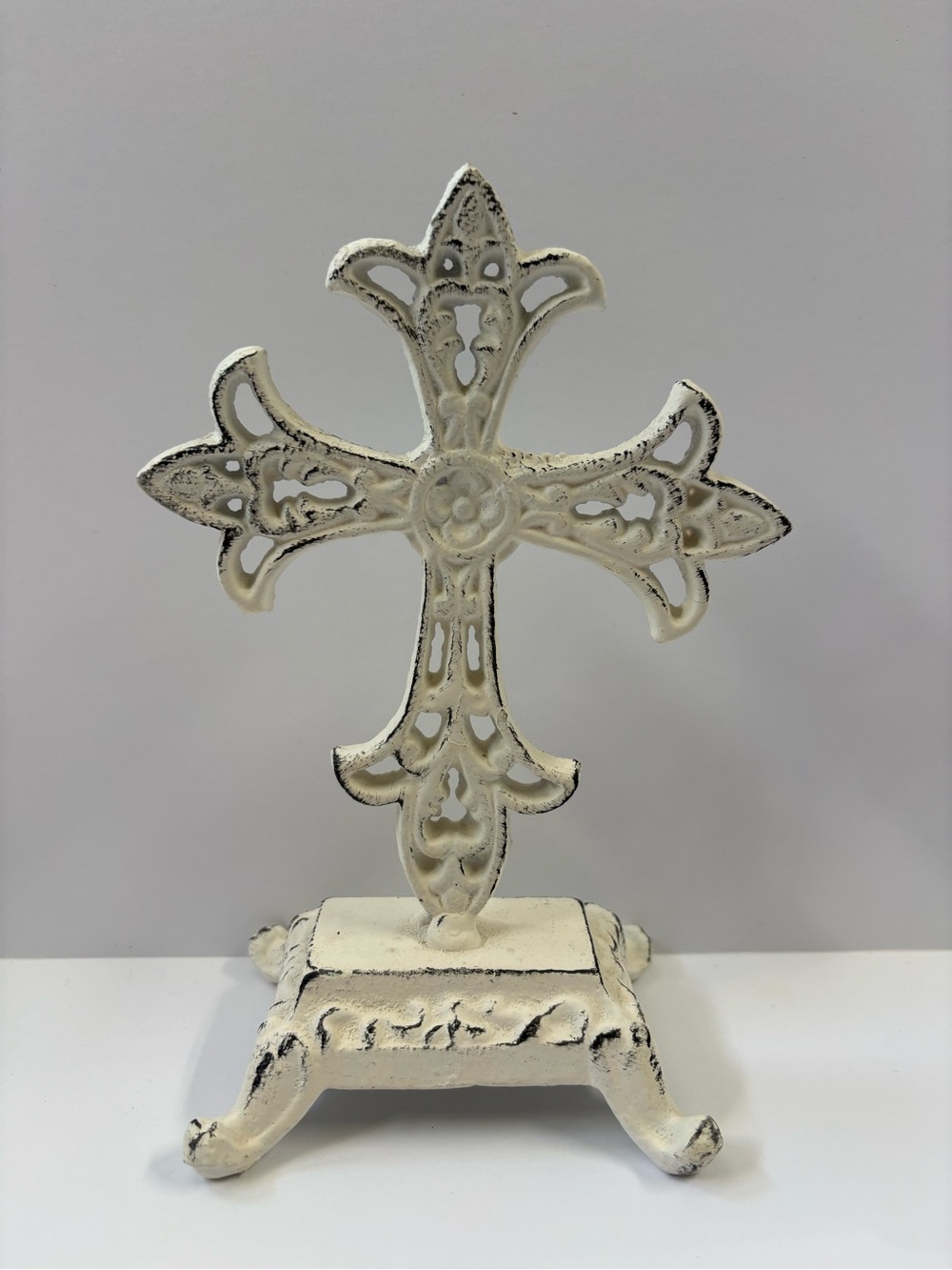 Cast Iron Ornate Fleur de Lis Standing Cross Distressed White Tabletop Decor 7”